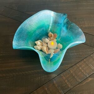 Blue Glass Art Bowl with Shells